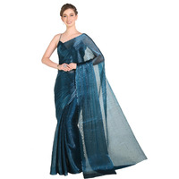 Pujia Mills Woman's Sequence Silk Morpeach Saree With Stitched Spaghetti Strap Sleeveless Blouse