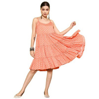 Varanga Peach Polka Dots Printed Tiered Dress