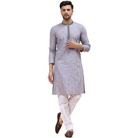 See Designs Grey Cotton Regular Fit Embroidered Kurta_Sdekt1273M