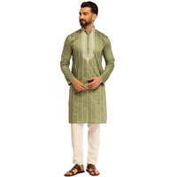 Sojanya (Since 1958 Men's Cotton Silk Elegant Neck Embroidered Green Kurta With White Pyjama