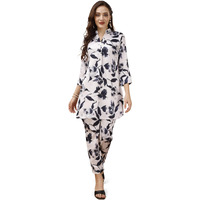 Womanista Polyester Women's Cream Colour Satin Fabric Floral Printed Tunic With Trouser Coords Set Ankle Length (Co-Ords_9056 S)