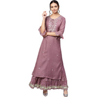 Ishin Women's Rayon Burgundy Embellished A-Line Kurta Set With Skirt