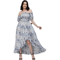 Oomph! Flared Dress For Women Stylish | Long One Piece For Women | Off Shoulder Puff Sleeve Long Dress | Floral Print Maxi One Piece | Western & Fusion Wear Bohemian Style
