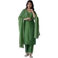 Sanisa Women's Chinnon Sequins And Embroidery Lace Straight Kurta With Pant And Dupatta Set (233Kbd2465N-M_Green)