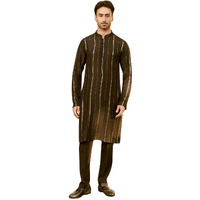 See Designs Men Full Sleeve Black And Gold Chanderi Silk Sequins Mandarin Collar Side Slit Kurta - Sd2Kt_2435Xxl