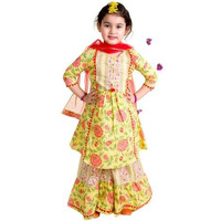 Pspeaches Girls Yellow Floral Printed Pleated Pure Cotton Kurta With Sharara With Dupatta (Yellow-7-8Y)