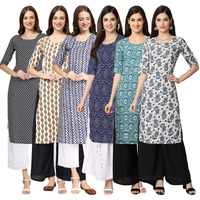 Pinkmint Women's Crepe Digital Print Straight Kurta [Pack Of 6] Multicolour