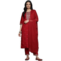 Varanga Women Maroon Round Neck Zari Embroidered Kurta Paired With Bottom & Dupatta