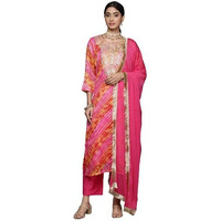 Varanga Women Pink And Yellow Lehariya, Gota Embroidered Yoke Straight Kurta Paired With Tonal Bottom And Tonal Dupatta