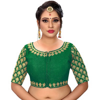 Vihu Fashion Women's Multicolor Phantom Silk Floral Half Sleeves Saree Blouse (Maggggam Blouse_Green_38 Size)