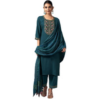 Sanisa Women's Silk Blend Embroidery Work Straight Kurta With Pant And Dupatta Set (210Kbd2221N-Xl_Rama Blue2)