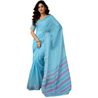 Satrani Women's Linen Zari Border Printed Ready To Wear One Minute Pre Pleated Readymade Saree With Unstitched Blouse Piece (34Rs328N_Blue)