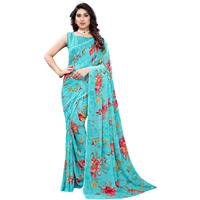 Shiv Textiles Women's Georgette Floral Printed Saree(111S109_Aqua Blue)