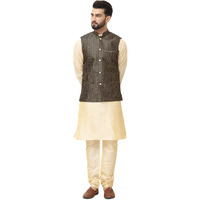 Sojanya (Since 1958 Men's Silk Blend Gold Kurta Pyjama With Self Design Black Nehru Jacket