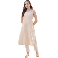 Stylum Women's Solid & Embroidered Cotton Blend Straight Kurta (Beigenimo42_Beige, Xl)
