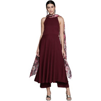 Varanga Women Maroon Halter Neck Anarkali Kurta Paired With Tonal Botom And Tonal Floral Printed Dupatta