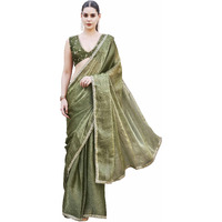 Womanista Women's Two Toned Green And Gold Colored Wrinkled Saree With Embroidered Blouse And Embellished Lace(Ti6896_Green_Onesize)