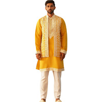 Jompers Men Mustard Embroidered Waistcoat And Kurta Pyjama (Mustard, M)