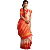 Satrani Women's Navratri Special Cotton Silk Printed Durga Puja Special Bengali Saree With Unstitched Blouse Piece (3880S183N_Cream & Red & Yellow)