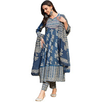 Stylum Women's Floral Printed Cotton Anarkali Kurta Pant Dupatta Set (Kpdindigooman44_Indigo Blue, Xxl)