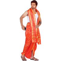 Prakasam Cotton Mens Asha (Polyester Blended) Orange Colour Panjakejam (Ready To Wear) Dhoti & Towel Set With Pocket (50K)
