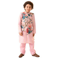 Pspeaches Boys Cotton Printed Kurta Set With Pyjamas And Nehru Jacket, Pink, 10-12 Years