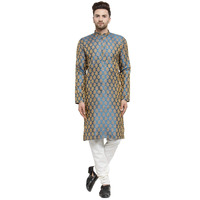 Jompers Men's Jacquard Silk Kurta And Pyjama(Blue,M)