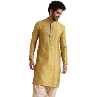 Kisah Mens Kurta|Blended Fabric Jacquard Design Stylish Mens Ethnic Wear|Regular Fit Mandarin Collar Long Sleeves, Mustard, 42