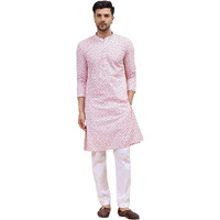 See Designs Men Mandarin Collar White & Pink Pure Cotton Embroidered Staright Full Sleeve Kurta With Pajama - Sd2Ekt_127201Xs