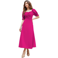 Shasmi Girl's & Women's Solid Hot Pink A-Line Ruched Puff Sleeve Maxi Long Evening One Piece Long Dress For Women Stylish (Dress 131 Hot Pink-L)