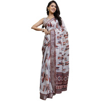 Satrani Women's Linen Printed & Zari Border Ready To Wear Saree With Unstitched Blouse Piece (53Rs125_White)