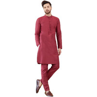 See Designs Men Full Sleeve Mandarin Collar Side Slit Maroon Cotton Solid Straight Kurta With Matching Pyjama - Sdkt2415-19M