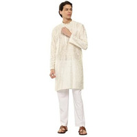 See Designs Men's Long Sleeve Mandarin Collar Off White Embroidered Thread Work Chanderi Silk Straight Kurta With Pyjama - Sdkt287301L