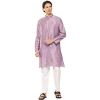 See Designs Men's Long Sleeve Side Slit Lavender Embroidered Thread Work Chanderi Silk Straight Mandarin Collar Kurta - Sdkt2877M