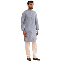 Sojanya (Since 1958 Men's Cotton Linen Blue Foil Printed Kurta And White Pyjama Set
