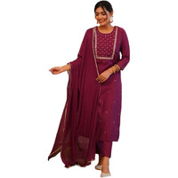 Shiv Textiles Women's Chanderi Silk Embroidered Kurta Pant Dupatta Set(Jda-Pragati-Maroon-Xl)