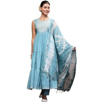 Stylum Women's Aqua Blue Solid & Embroidered Cotton Tiered Kurta Pant Dupatta Set