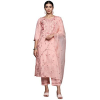 Varanga Women Peach Embroidered Kurta Paired With Tonal Bottom And Organza Embroidered Dupatta