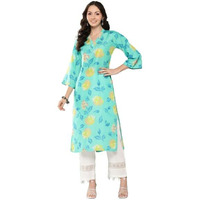 Varanga Women Turqouise Blue Floral Printed Straight Kurta Withthree Quarter Bell Sleeves