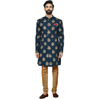 Kisah Indowestern Men's Cotton Blend Full Sleeves Regular Fit Printed Blue Indo-Western Sherwani Churidar Set (S)