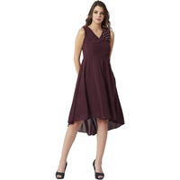 Miss Chase Women's Maroon V-Neck High-Low Skater Dress (Mcss18D10-73-143-04, Maroon, Medium)
