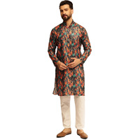 Sojanya (Since 1958 Men's Cotton Linen Abstract Print Multicolor Kurta With White Pyjama