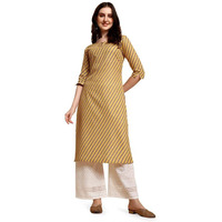 Nainvish Women's Cotton Blend Straight Round Neck Printed Kurta (Sd416_K-L._Light Yellow)