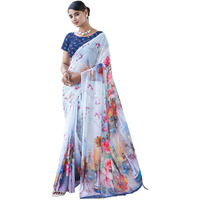 Satrani Women's Floral Printed Georgette Saree With Unstitched Blouse Piece (3505S117N_White & Multi4)