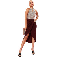 Miss Chase Women's Wine Halter Neck Sleeveless Solid Embellished Midi Dress (Mcaw21D99-58-184-05, Wine, L)