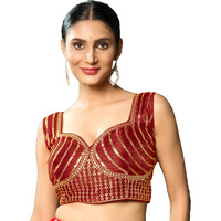 Pujia Mills Women's Readymade Blouse Embroidery Multi Coding Gold Thread Indian Ethnic Designer Stitched Readymade Saree Sleeveless Red Blouse For Women For Saree Lehenga Choli