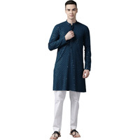 See Designs Men Mandarin Collar Teal Blue Floral Embroidered Sequined Rayon Full Sleeve Kurta With Pyjama - Sd2Ekt_129601Xs