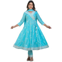 Varanga Women Blue Thread Embroidered Anarkali Kurta With Bottom And Dupatta