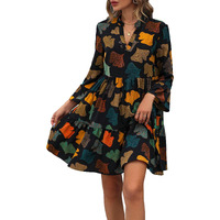 Shasmi Girl's & Women's Black V-Neck Allover Leaf Print Ruffle Hem Smock Gathered Ruffle Long Sleeve A-Line Midi Dress Full Print Casual Short Dresses (Dress 231 Black L)