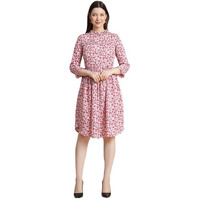 Toochki Women's Pink Muslin Block Print Fit & Flared Western Dress | Dress For Women | A Line Dress | Winter Dress | Western Dress | Latest Women Dress | Trendy Dress | Midi Dress